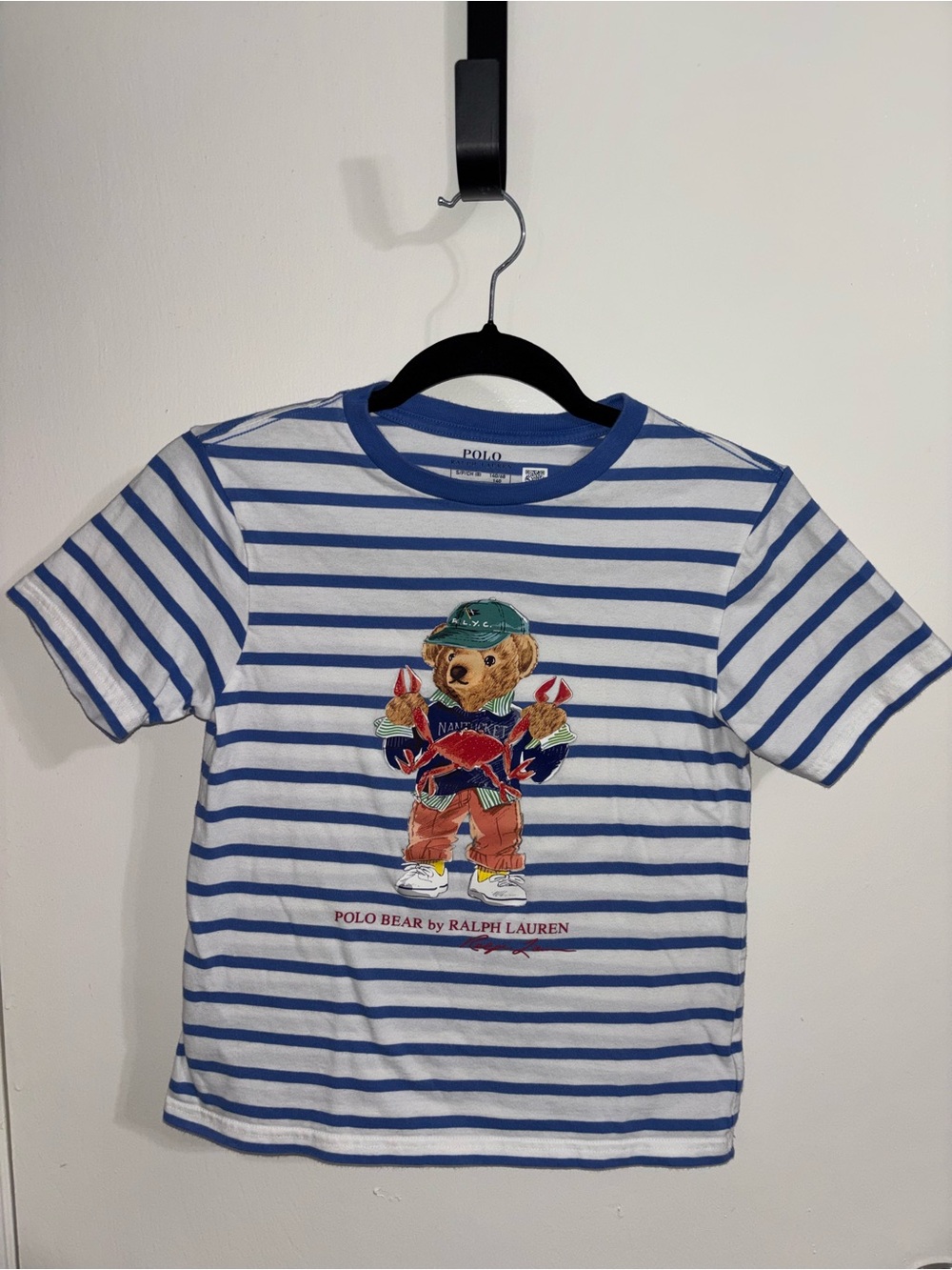 Polo by Ralph Lauren Striped Polo Bear Tee in White & Blue